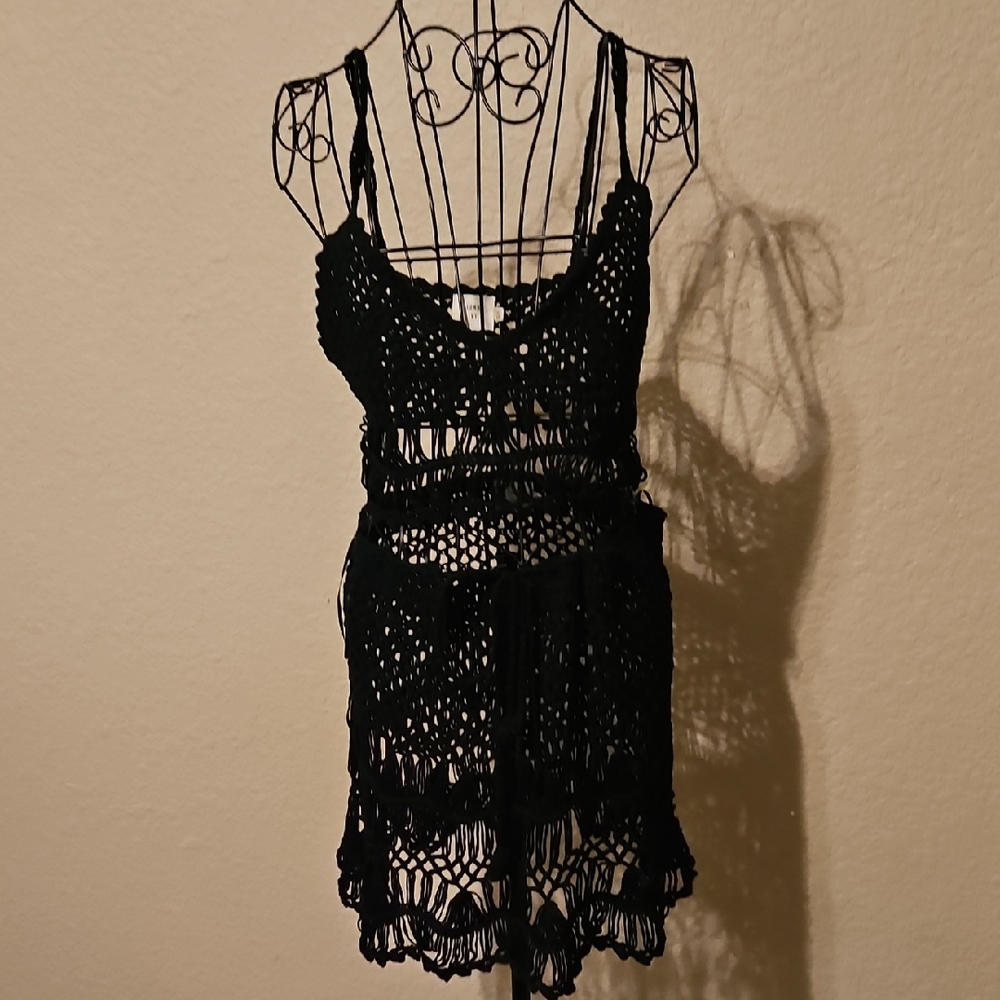 Black Crochet Skirt Set Cover Up